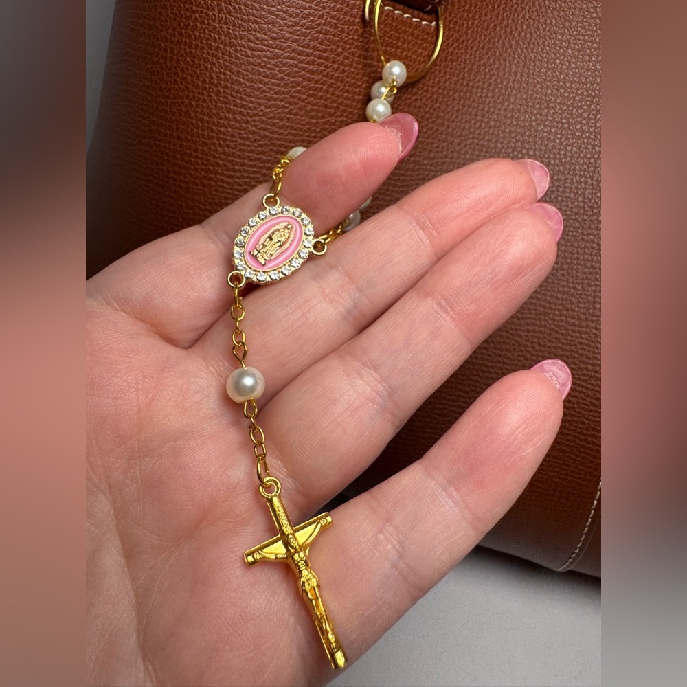 Pink & Gold Rosary Bag Charm/Keychain | Pearls, Crucifix & Lady Guadalupe Accent - Picture 5 of 12
